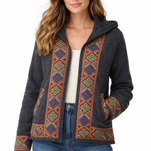Boho Southwestern Knit Hoodie Jacket — Charcoal — Embroidered